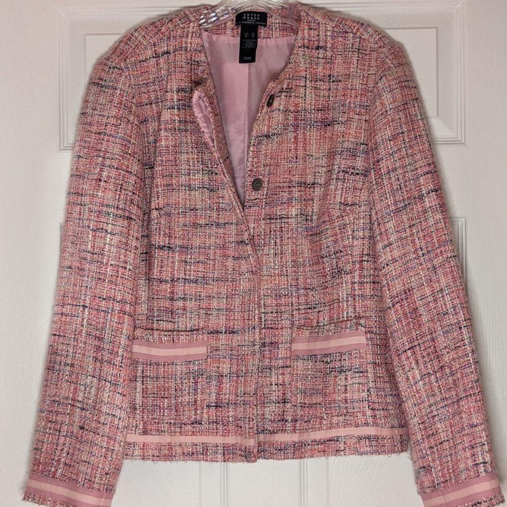 Liz Claiborne- Crazy Horse.  Pink Tweed Collarless Jacket.  Size XL